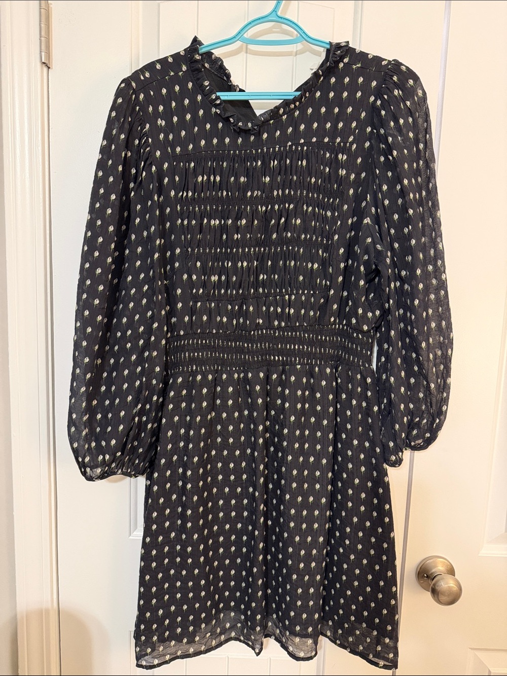 MELISSA NEPTON Black Long-Sleeve Smocked Mini Dress with Light Dot Motif